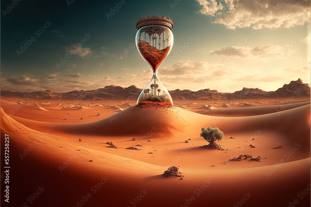 Poster a sand clock in the middle of a desert with a sky background and clouds in the background. generativ