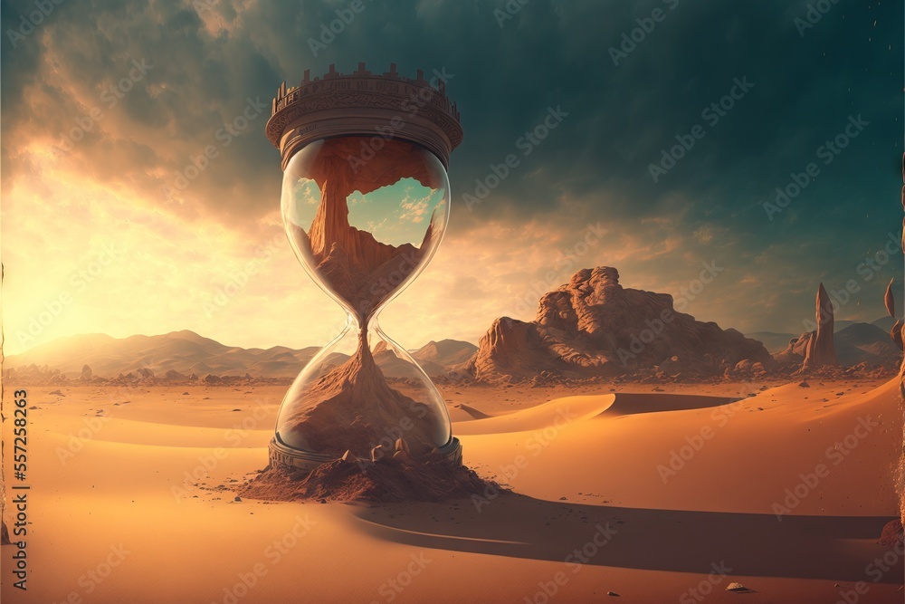 Poster  a sand clock sitting on top of a desert under a cloudy sky with mountains in the background and a sky filled with clouds. Generative AI