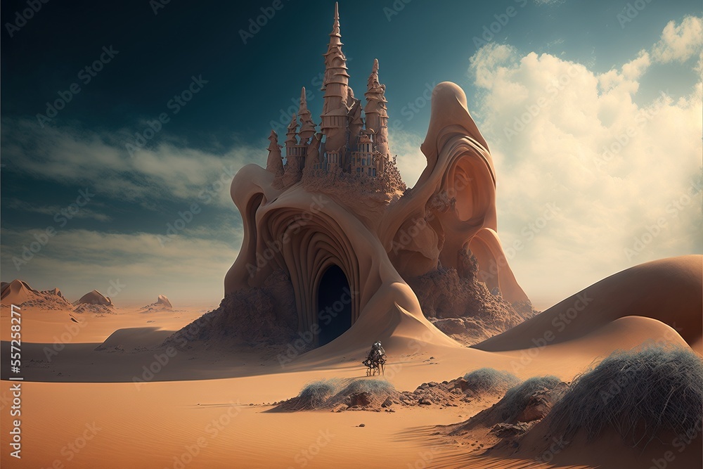 Poster a surreal desert scene with a castle in the middle of the desert and a person walking in the distanc