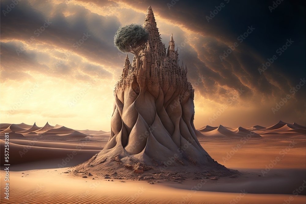 Poster a castle in the middle of a desert with a sky background and clouds above it. generative ai
