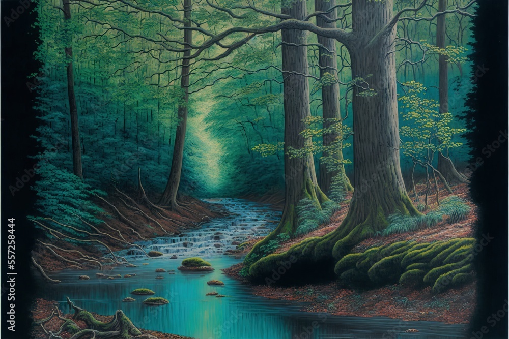 Poster a painting of a stream in a forest with trees and rocks on the ground and a stream running through t