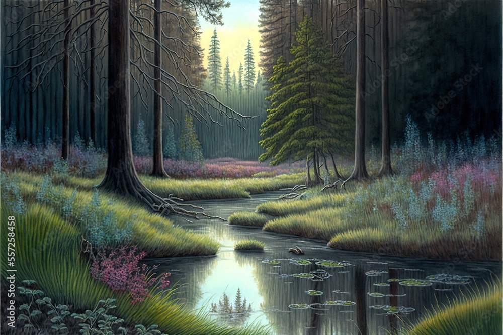 Poster a painting of a forest with a stream and trees in the background and a pond in the foreground. gener