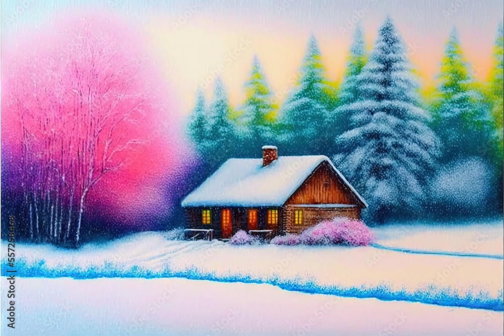 Poster  a painting of a cabin in the snow with trees in the background and a pink tree in the foreground. Generative AI