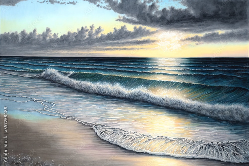 Poster a painting of a beach with waves coming in to shore and a sunset in the background with clouds in th