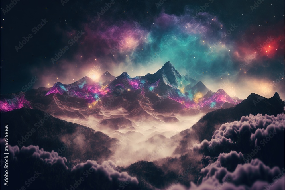 Poster a mountain range with a colorful sky and clouds below it and a star filled sky above it. generative 