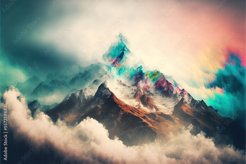 Poster a mountain with a sky background and clouds below it. generative ai