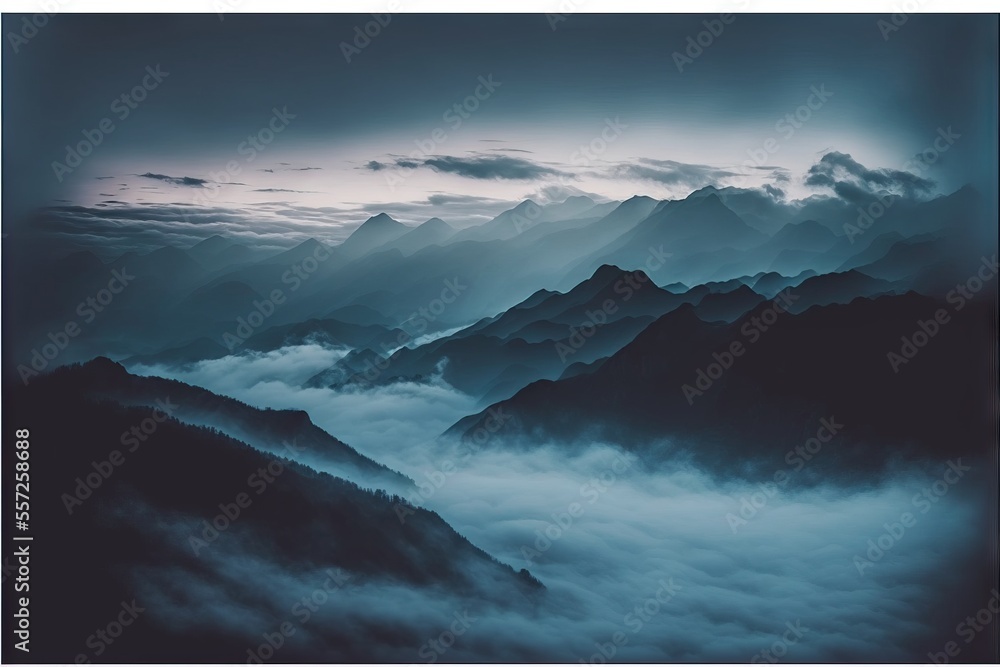 Poster a mountain range covered in fog and clouds in the distance is a dark sky with clouds and mountains i