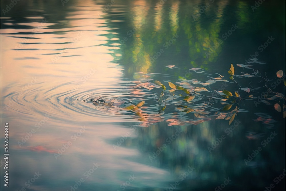 Poster a duck swimming in a pond with a tree in the background and a sunset in the background with a reflec
