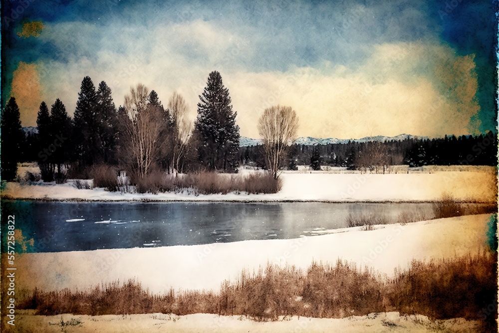 Poster a painting of a river with trees in the background and snow on the ground and a cloudy sky above. ge