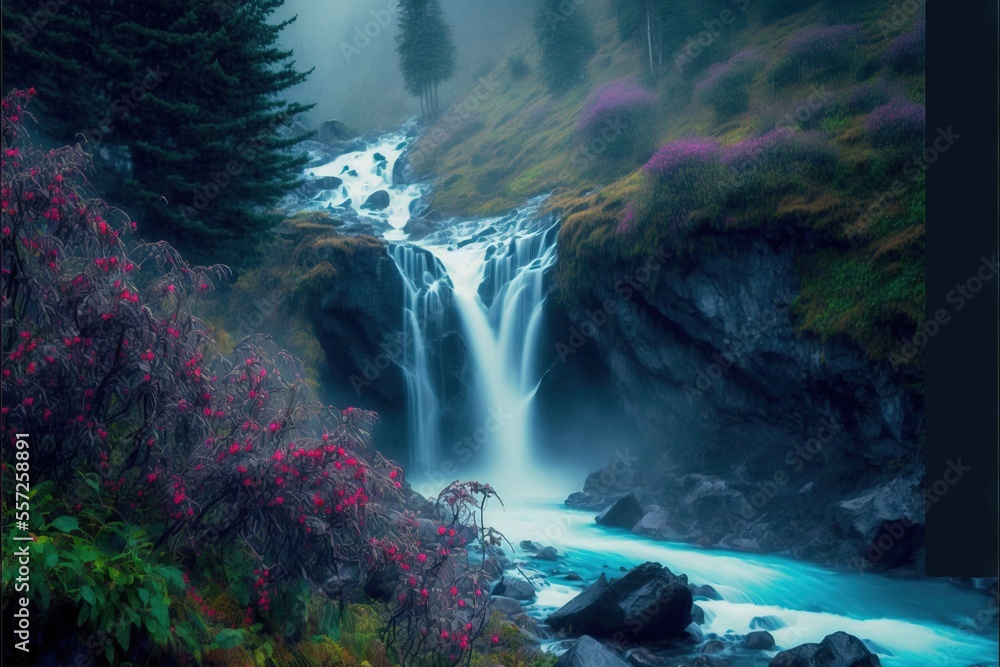 Poster a waterfall with a forest in the background and flowers in the foreground. generative ai