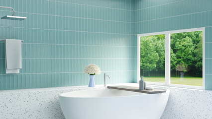3D rendering White Bathtub With Green Tile And White Terrazo