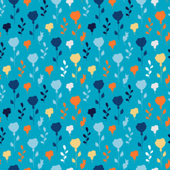 Elegant pattern of orange and blue flowers and leaves. Vertically located components. Seamless vector image on a blue background.