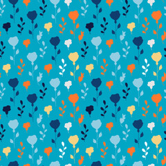 Elegant pattern of orange and blue flowers and leaves. Vertically located components. Seamless vector image on a blue background.