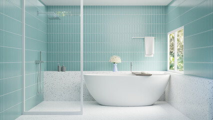 Naklejka na ściany i meble 3D rendering White Bathtub With Green Tile And White Terrazo
