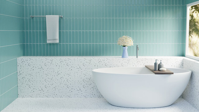 3D Rendering White Bathtub With Green Tile And White Terrazo