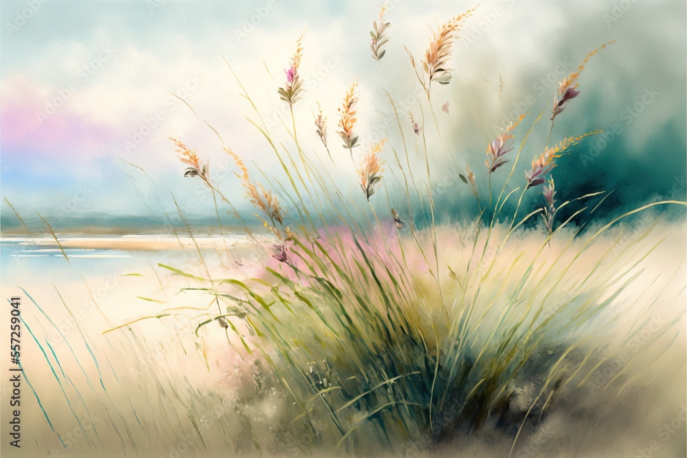 Poster a painting of a beach with grass and water in the background and a sky with clouds in the background