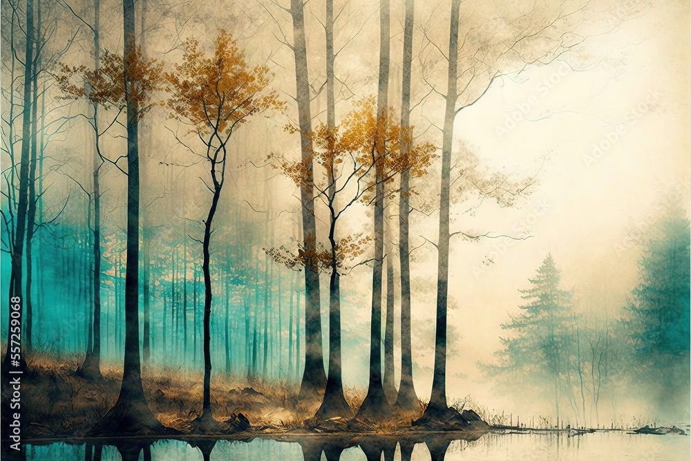 Poster a painting of a forest with a lake and trees in the foreground and fog in the background. generative