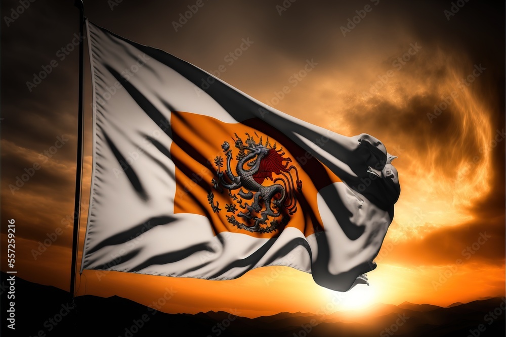 Poster a flag flying in the wind with a sunset in the background with clouds in the sky and a sun setting. 