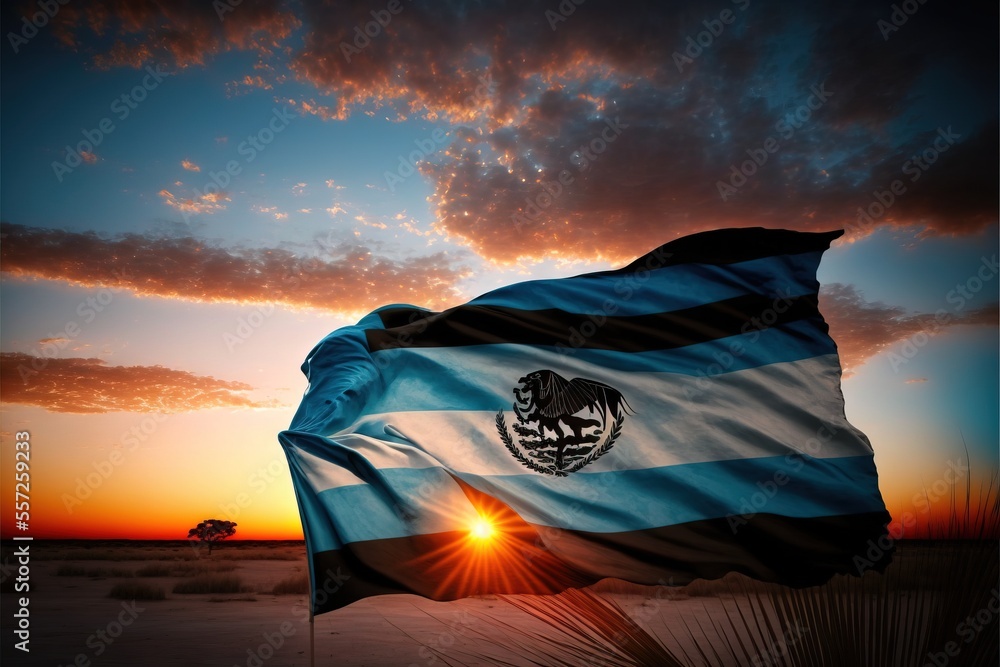 Poster a flag is flying in the air at sunset with a tree in the background and a sky with clouds. generativ
