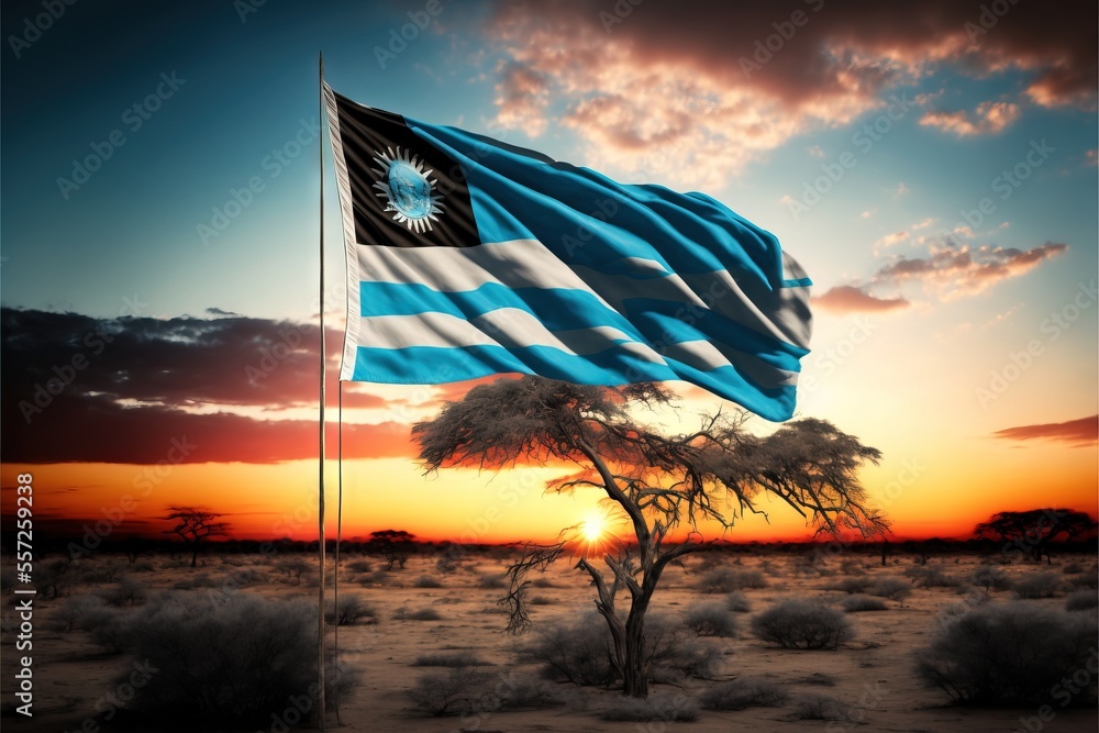 Poster a flag flying in the air next to a tree in the desert at sunset with a sky background and clouds. ge