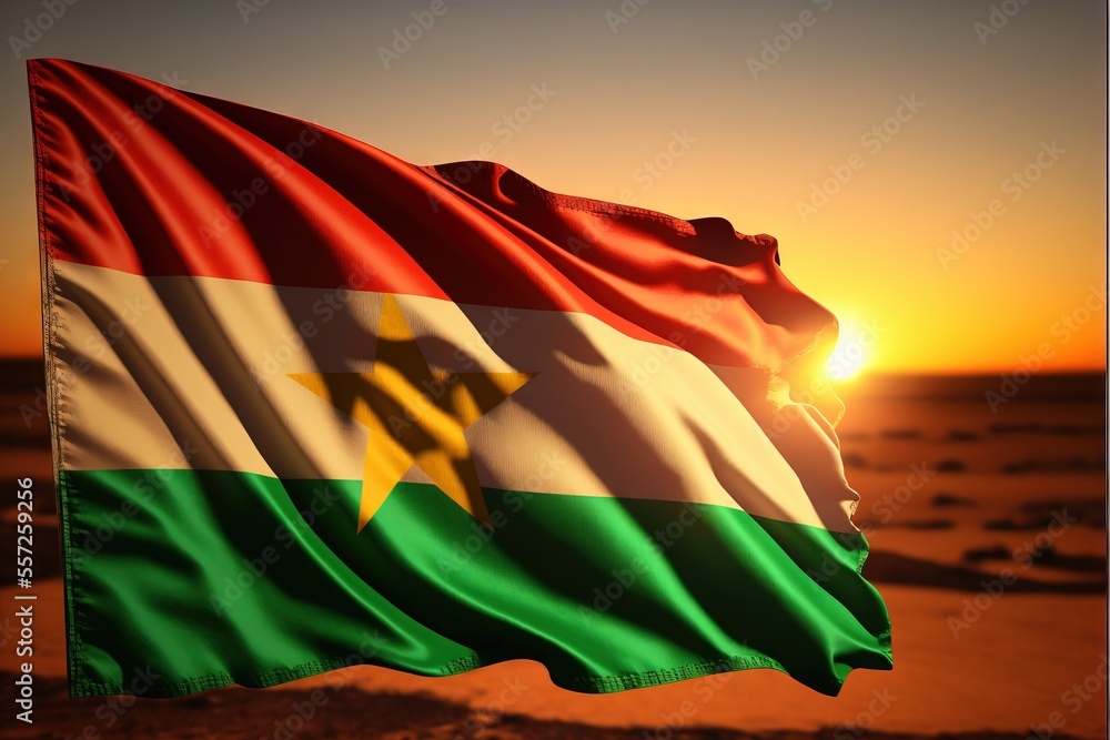 Poster a flag with a star on it flying in the air at sunset or dawn in the desert with a sun setting behind