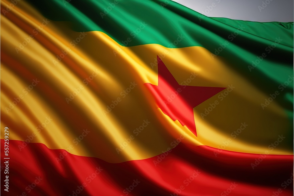 Poster a large flag with a star on it flying in the air with a gray sky in the background and a red star on