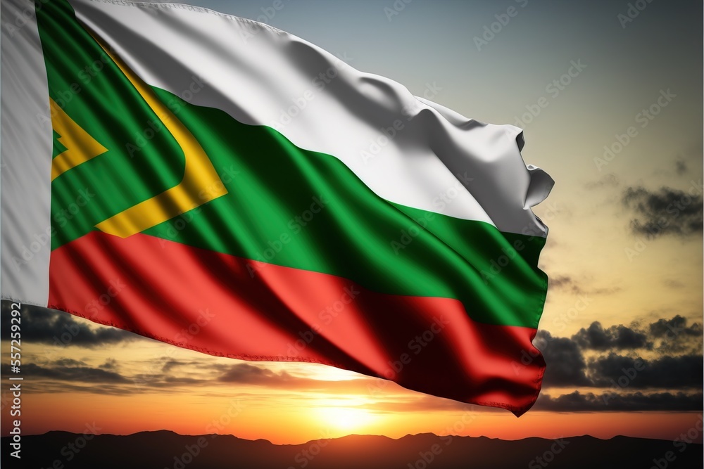 Poster a large flag flying in the air with a sunset in the background with clouds in the sky and a sun sett