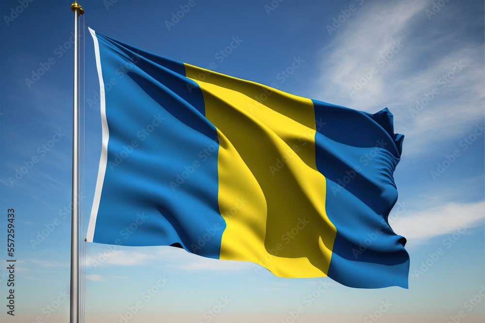Poster a flag flying in the wind on a sunny day with a blue sky in the background and a few clouds in the s
