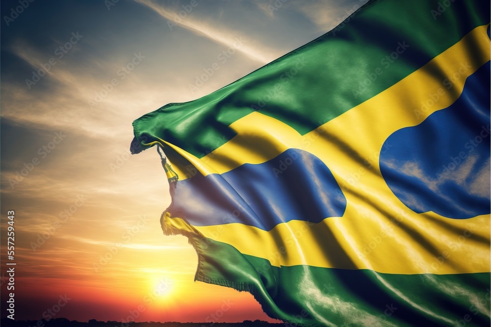 Poster a large flag is flying in the air at sunset or dawn with a sun setting behind it and a cloud filled 