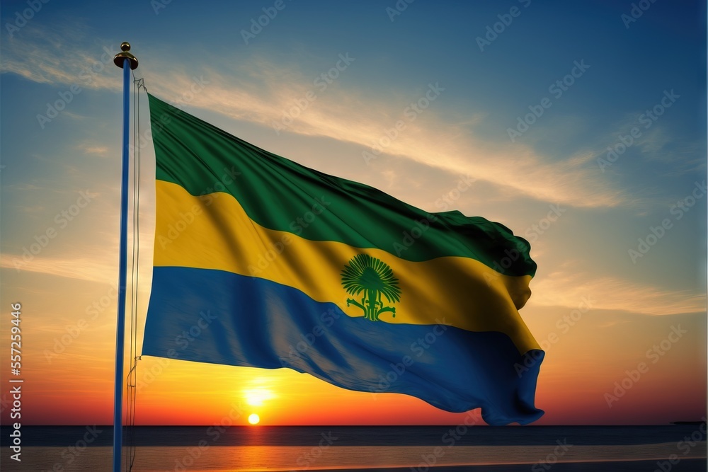 Poster a flag flying in the wind on a beach at sunset with the sun setting in the background and a palm tre