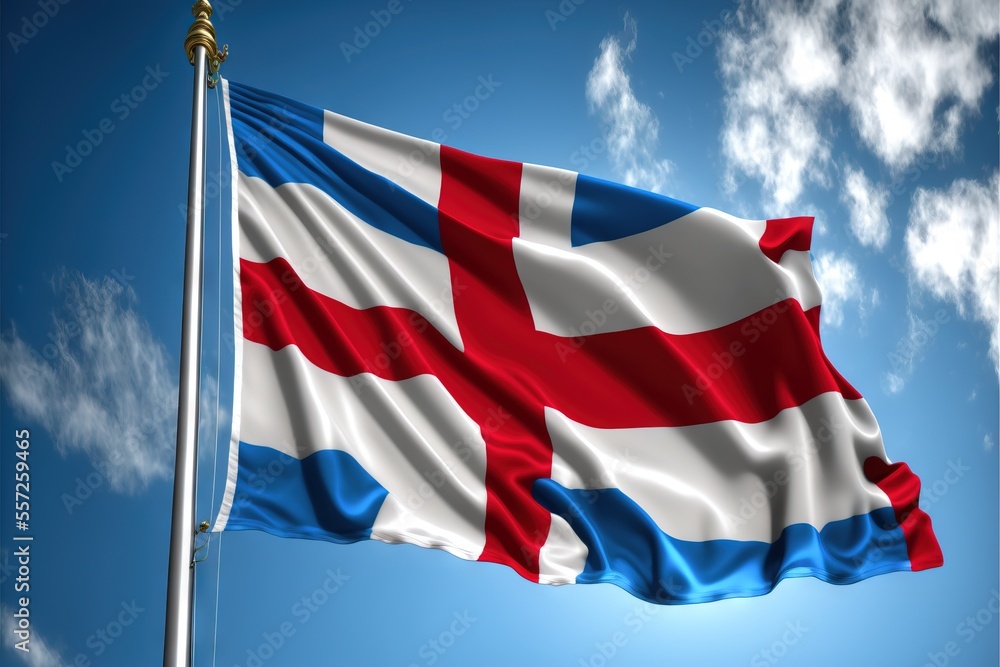 Poster a flag flying in the wind with a blue sky in the background and clouds in the background. generative