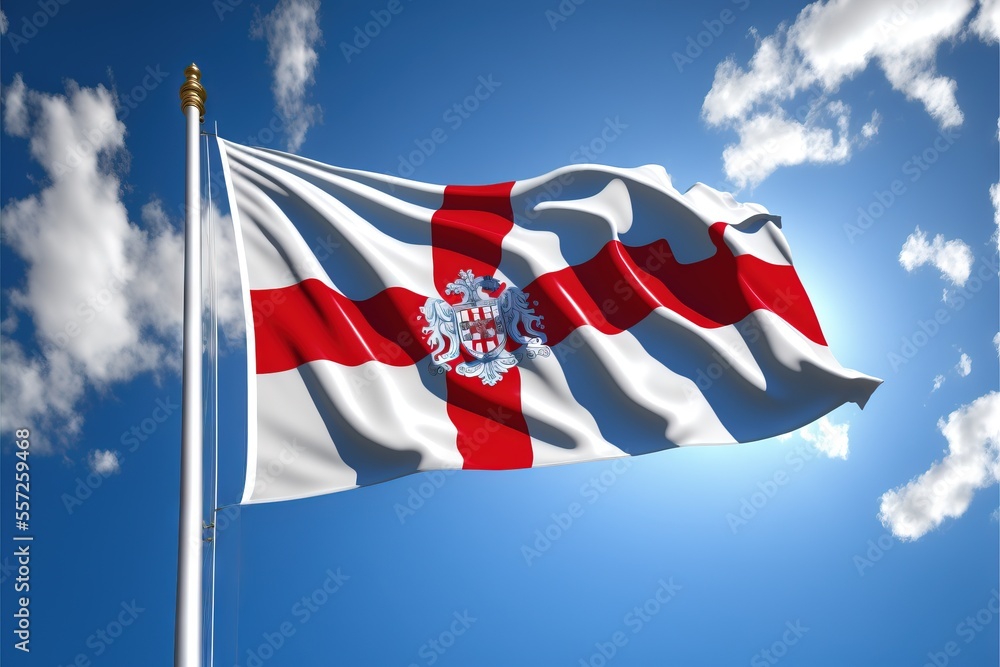 Poster a flag flying in the wind with a blue sky in the background and clouds in the background. generative
