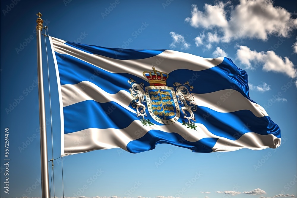 Poster a flag flying in the wind with a blue sky in the background and clouds in the background. generative