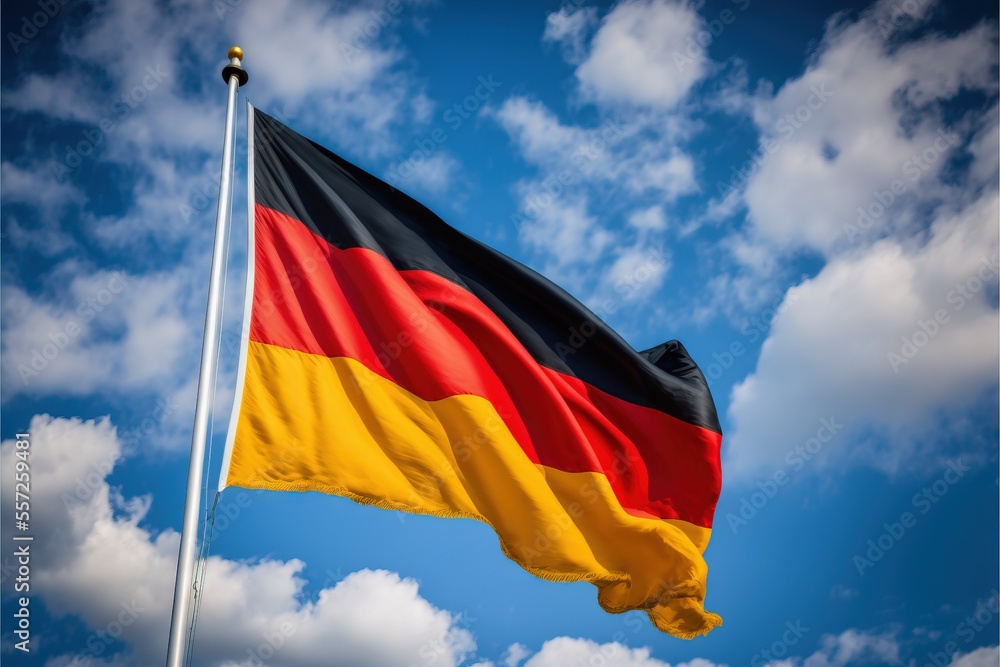 Poster a flag flying in the wind on a cloudy day with blue sky in the background and clouds in the foregrou