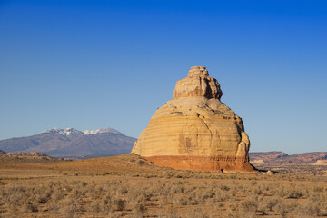Rock formations in the dry and arid landscape of Utah in the United States.