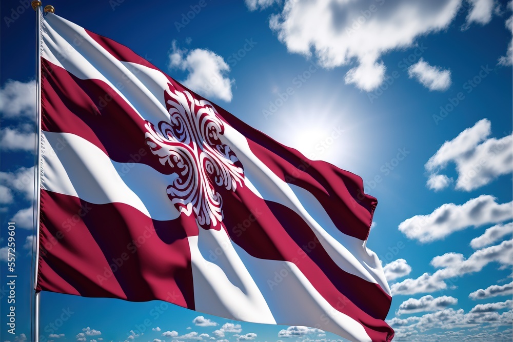 Poster a large red and white flag flying in the sky with a sun in the background and clouds in the sky. gen