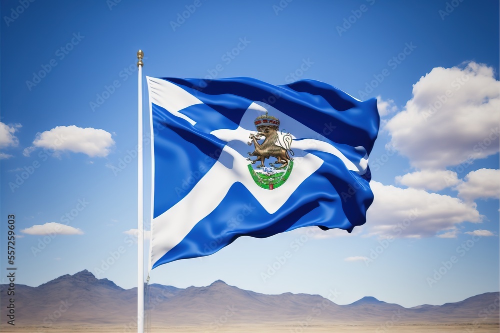 Poster a flag flying in the wind with mountains in the background and clouds in the sky behind it. generati