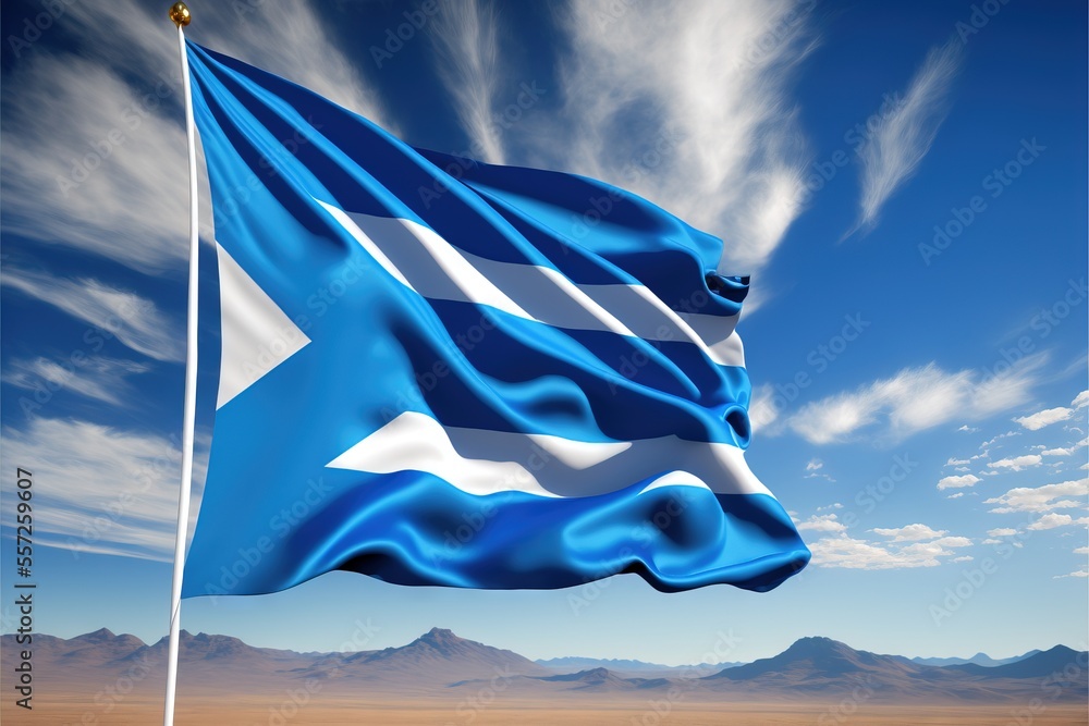 Poster a large blue and white flag flying in the sky with mountains in the background and clouds in the sky