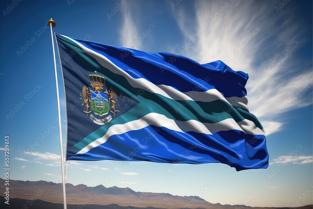 Poster a flag flying in the wind with mountains in the background and a blue sky with clouds in the backgro