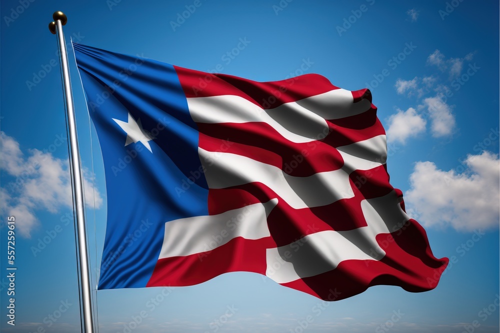 Poster a large flag flying in the wind on a sunny day with a blue sky in the background and clouds in the s