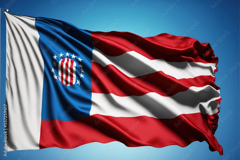Poster a flag with a star and a circle on it flying in the sky with a blue sky background and a white and r