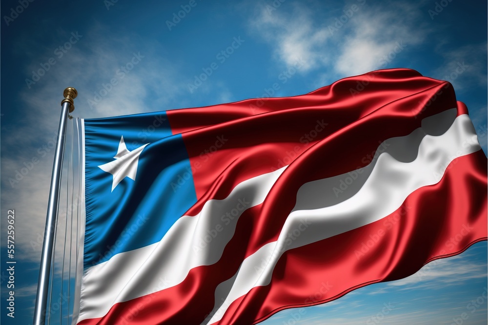 Poster a flag flying in the wind with a blue sky in the background and clouds in the background. generative
