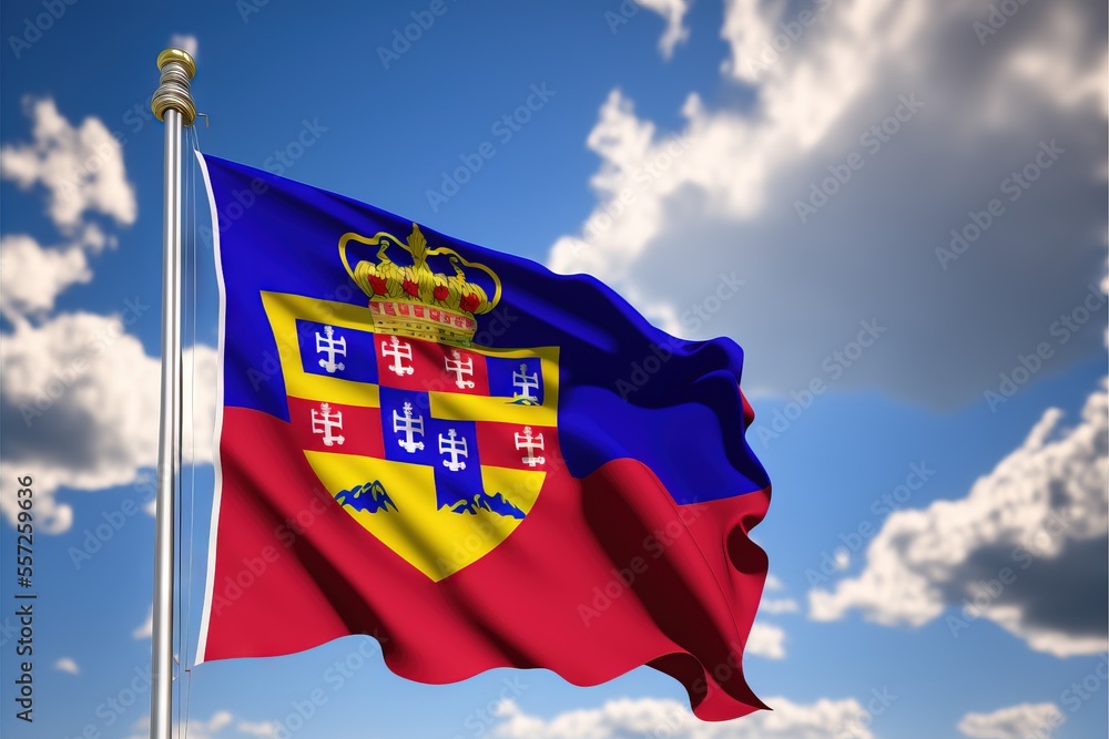 Poster a flag with a crown on it flying in the air with clouds in the background and a blue sky with white 