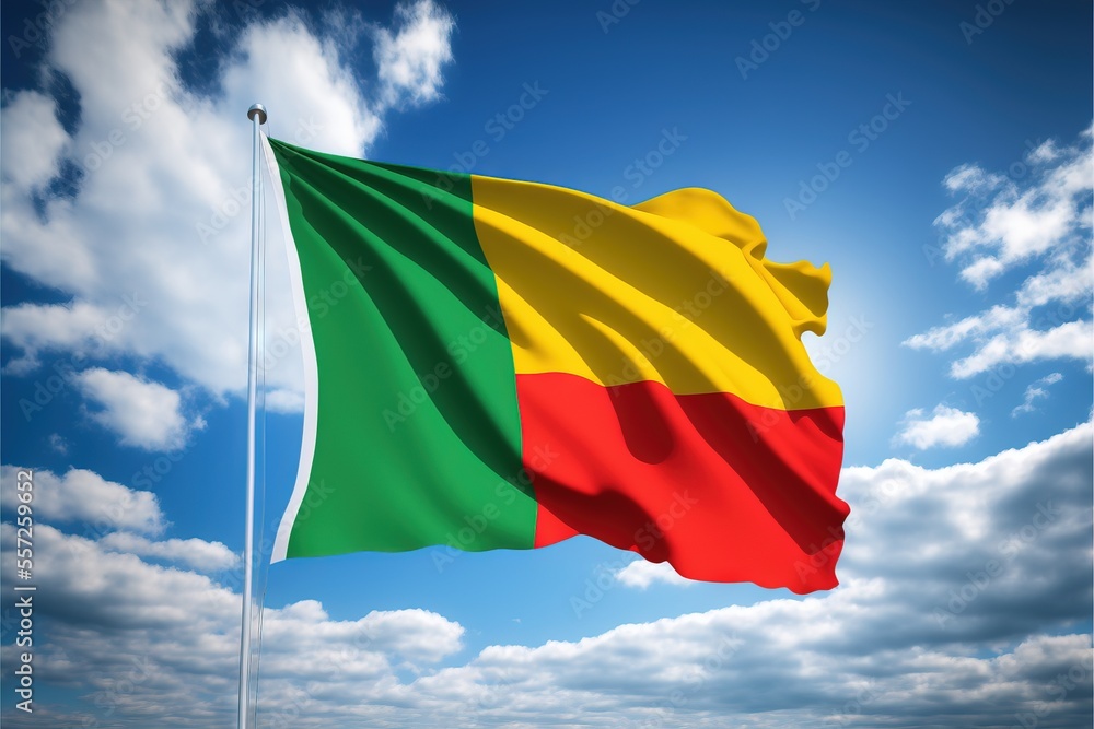 Poster a flag flying in the wind on a cloudy day with blue sky in the background and clouds in the foregrou