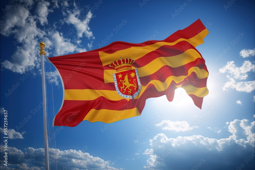 Poster a flag flying in the wind with a blue sky in the background with clouds in the sky and a sun shining