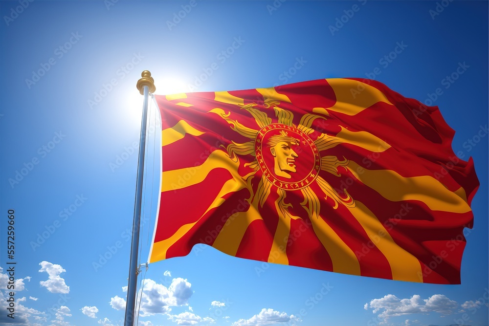 Poster a flag flying in the wind with a blue sky in the background and clouds in the background. generative