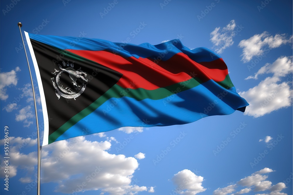 Poster a flag flying in the wind with a blue sky in the background with clouds in the foreground and a blue