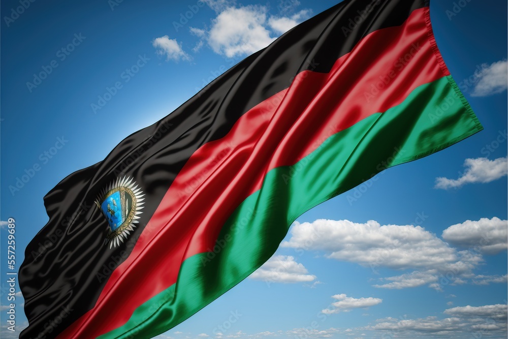 Poster a large flag flying in the air with a blue sky in the background with clouds in the background and a