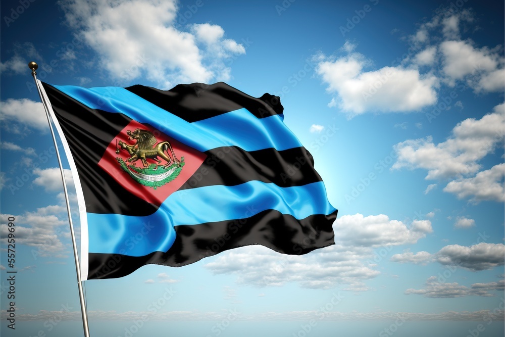Poster a flag flying in the wind with a blue sky in the background and clouds in the background with a blue