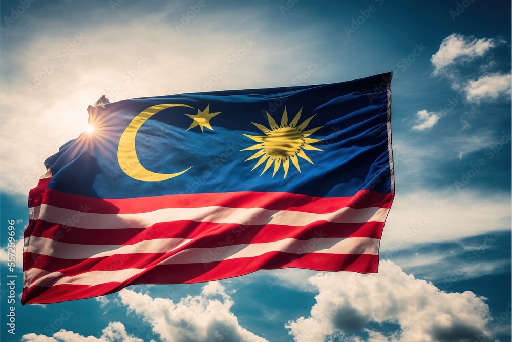 Poster a flag flying in the wind with a cloudy sky behind it and sun shining through the clouds above it. g